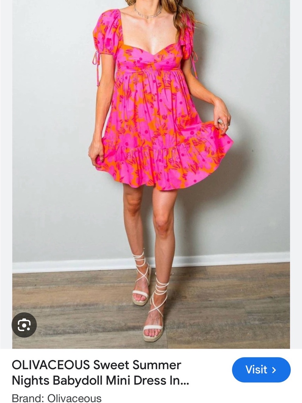 Olivaceous Hot Pink & Orange Floral Puff-Sleeve Babydoll Mini Dress - Picture 8 of 9